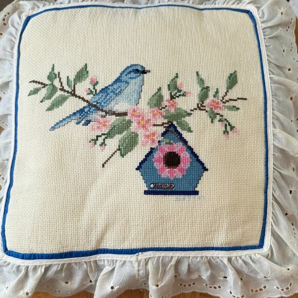 Vintage Bluebird Birdhouse Cross Stitch Pillow Eyelet Lace Ruffle Cottage Core - Picture 3 of 11